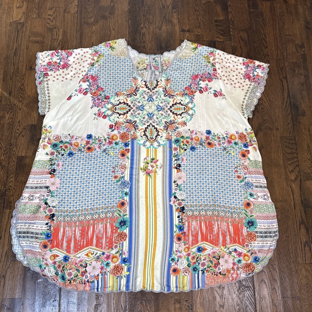 Johnny Was Silk Tunic Womens 3X Vibrant Floral Scalloped Edges C24319A-2X